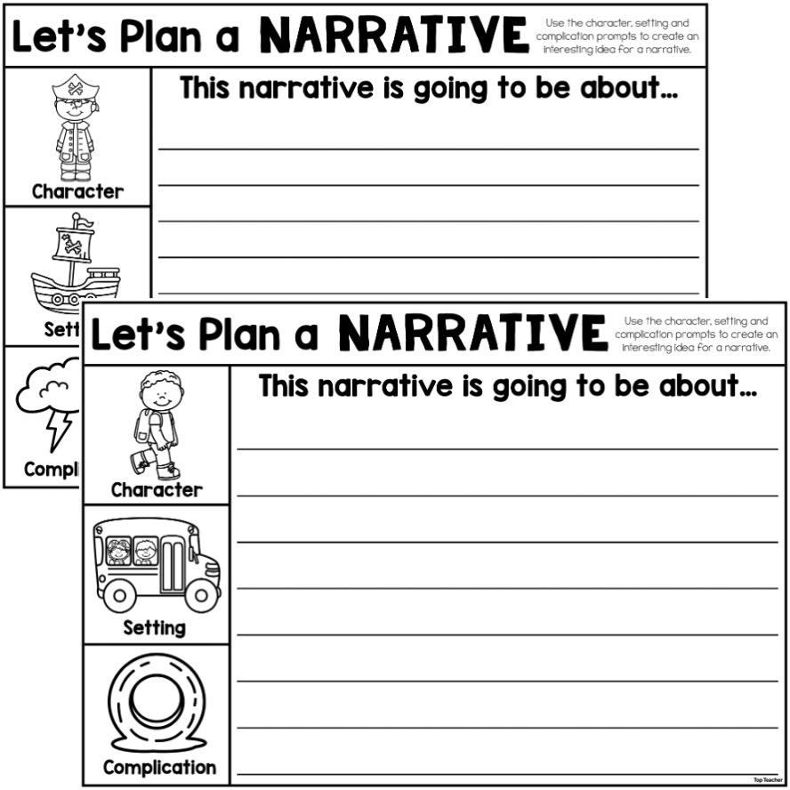 Two overlapping narrative planning worksheets with drawings and lines
