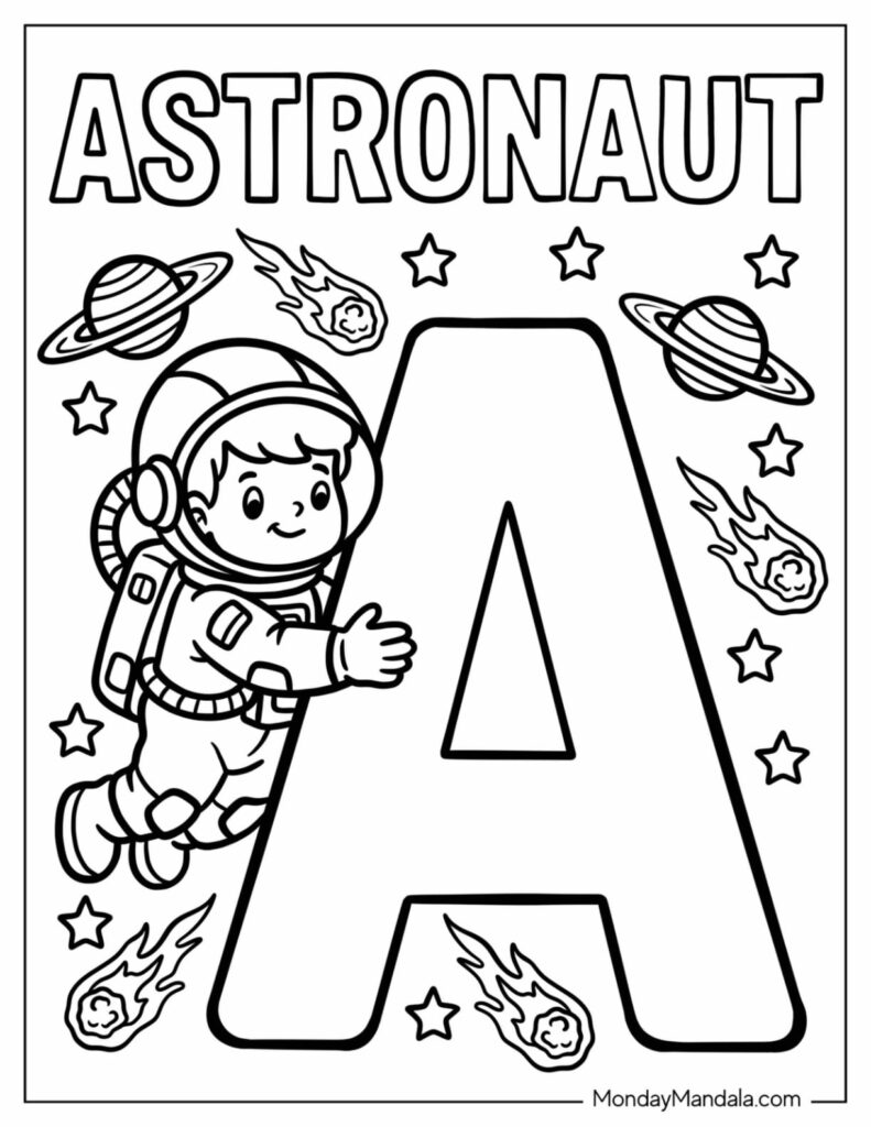 Astronaut beside large letter A, stars and planets