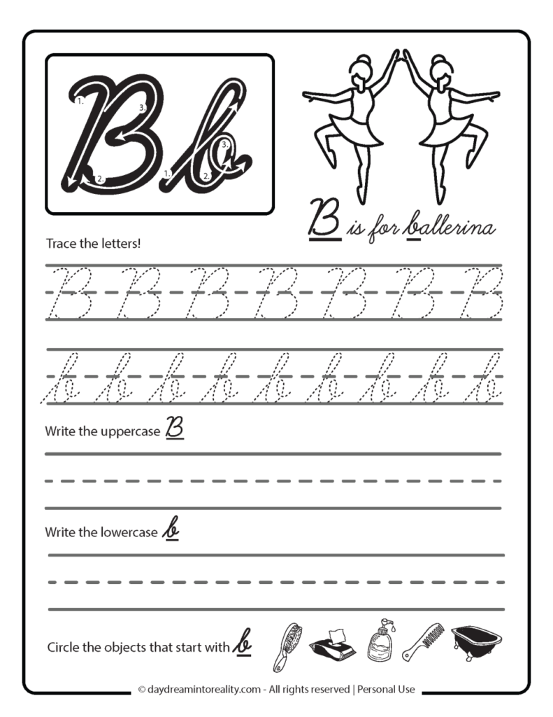 Letter B tracing worksheet with ballerina drawings
