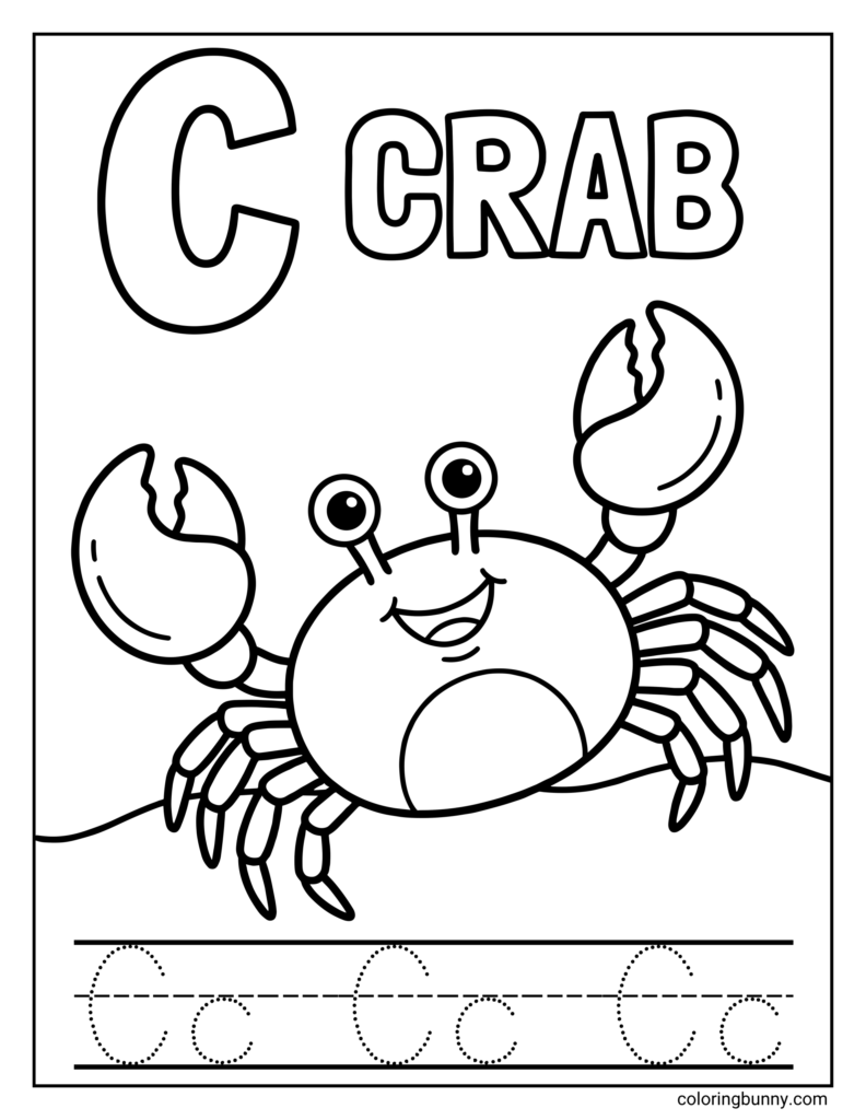 Crab letter C coloring worksheet with tracing lines
