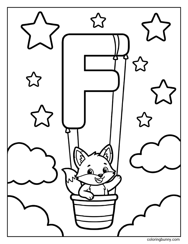Fox in basket beneath large letter F, stars and clouds