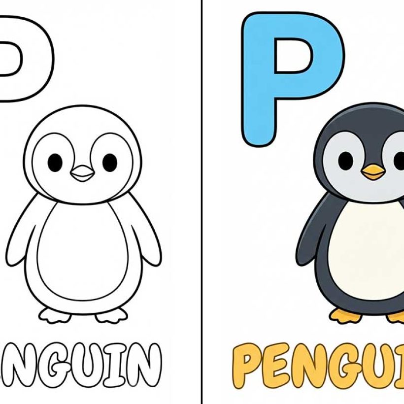 Side-by-side penguin letter coloring pages with P and penguin text