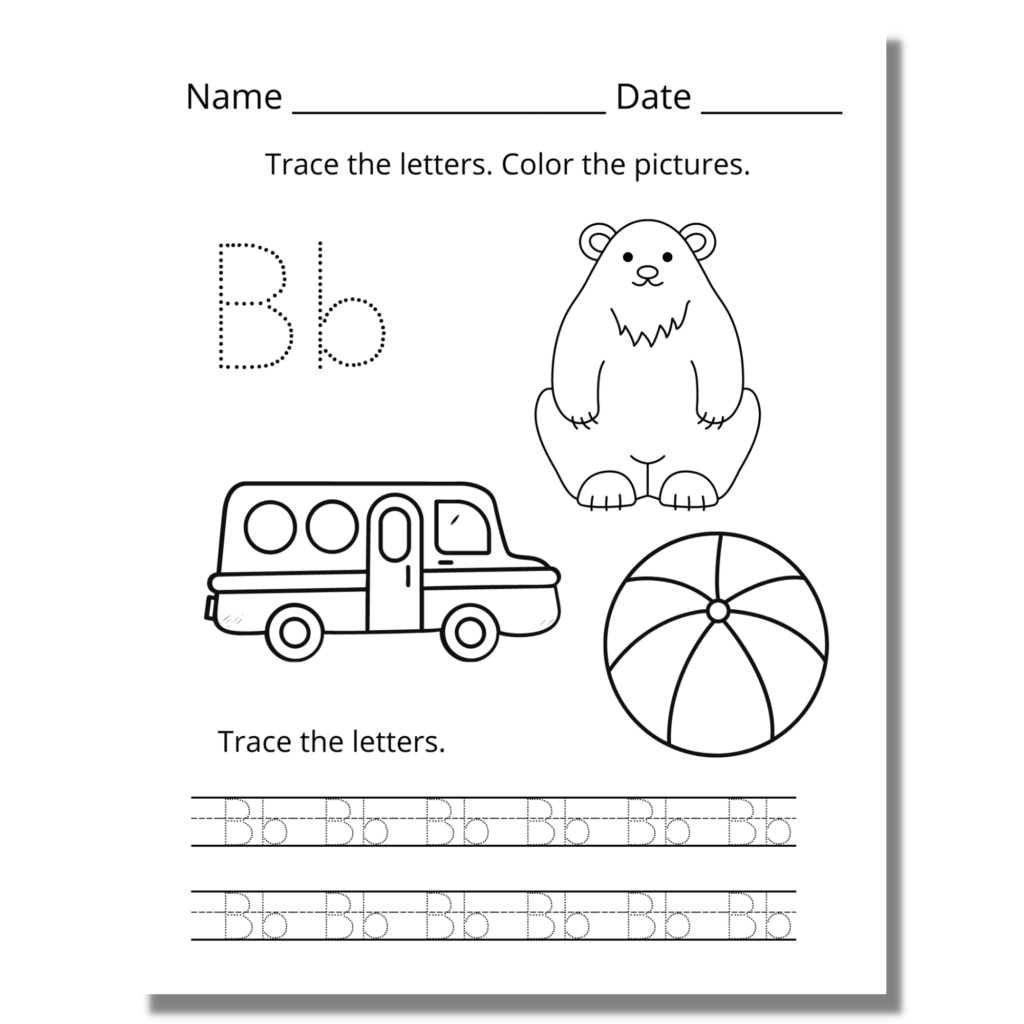 Alphabet tracing worksheet with bear, van, and ball drawings