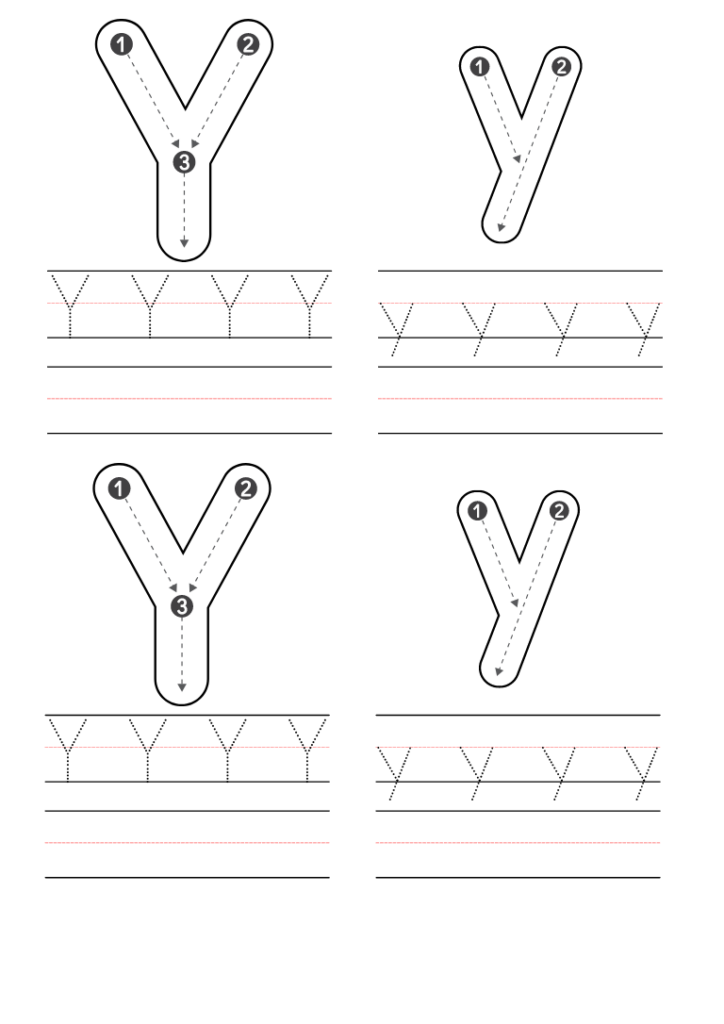 Letter Y handwriting practice worksheet with tracing lines