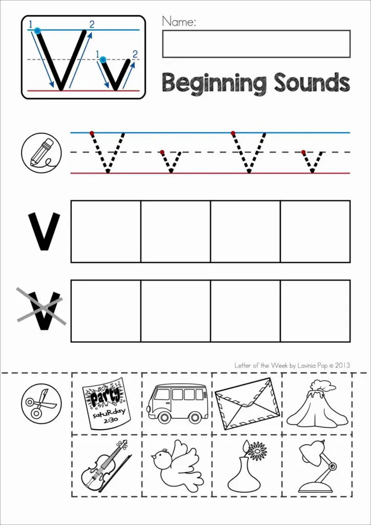 Phonics worksheet for letter V beginning sounds