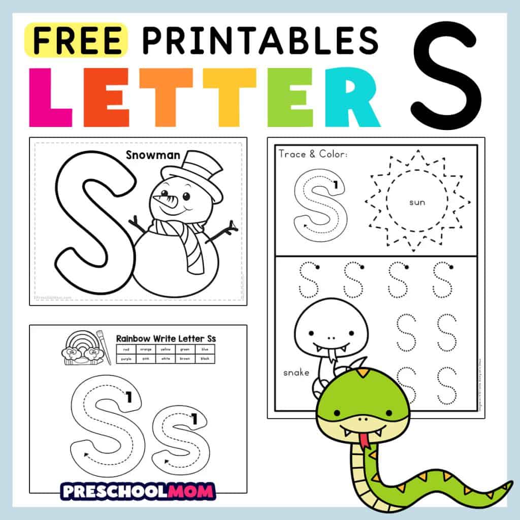 Letter S printable worksheet with snowman and snakes