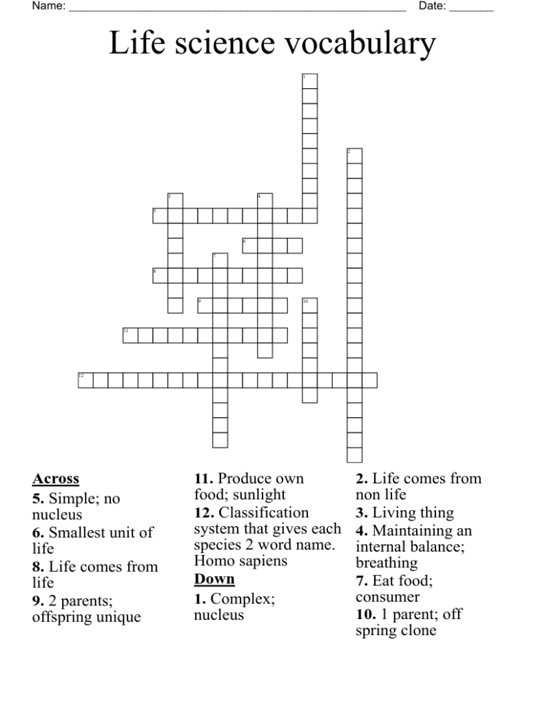 Life science vocabulary crossword worksheet with clues and grid
