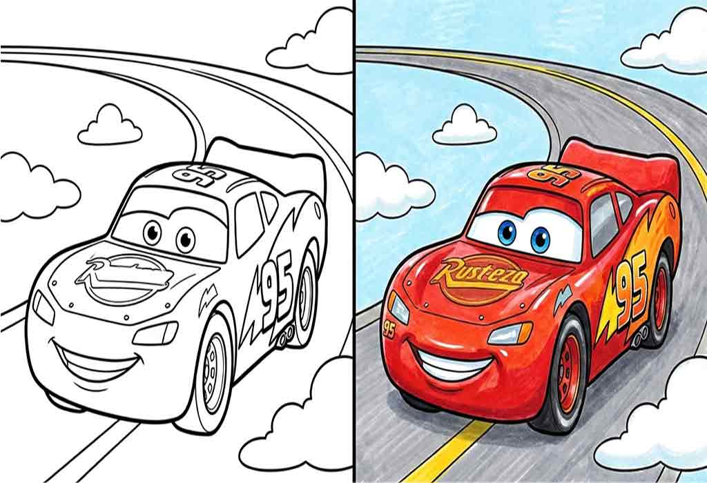 Split-screen cartoon race car coloring page and colored version
