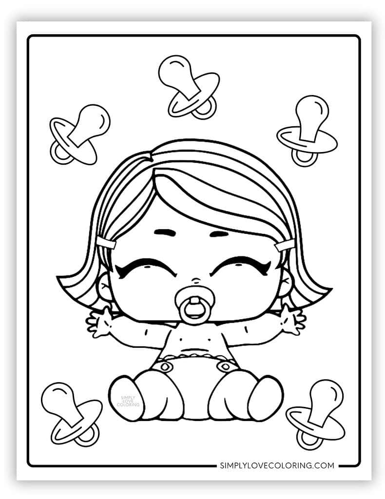 Black-and-white cartoon baby with pacifiers around it