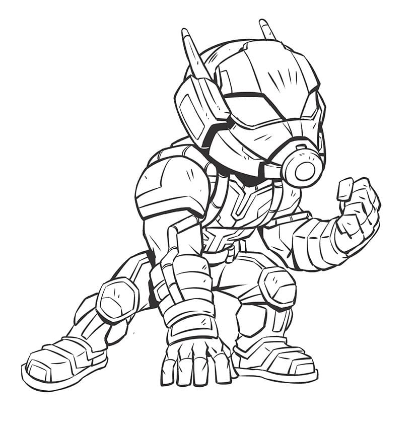 Black-and-white line drawing of crouching armored robot