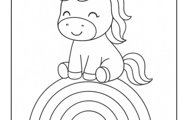 Cartoon unicorn sitting on a rainbow outline
