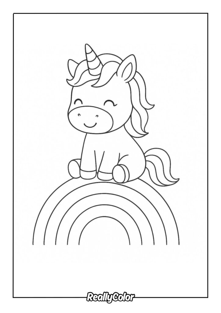 Cartoon unicorn sitting on a rainbow outline