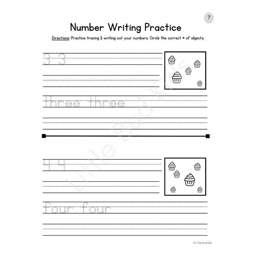 Number writing practice worksheet with cupcake counting boxes