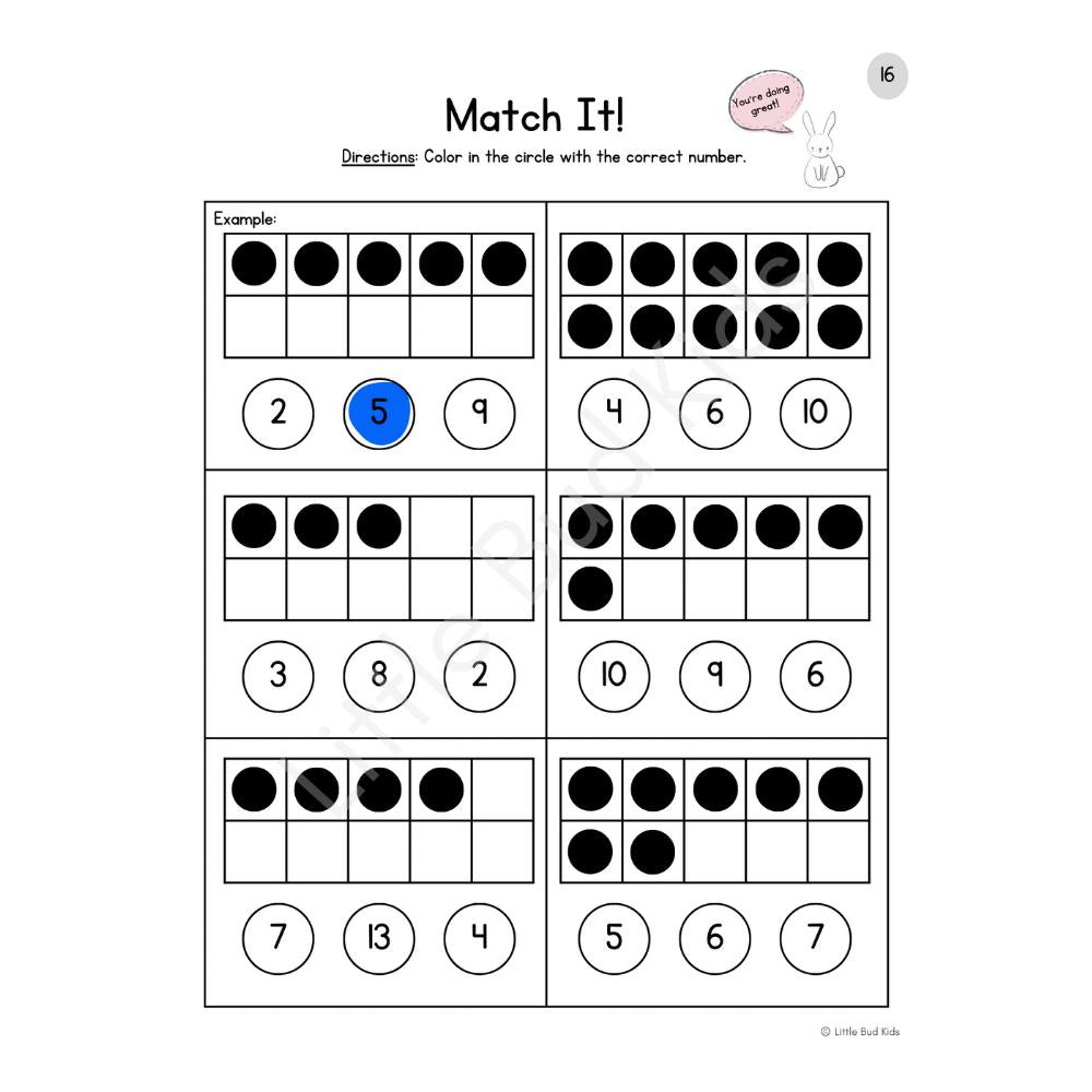 Number matching worksheet with ten-frame dot grids