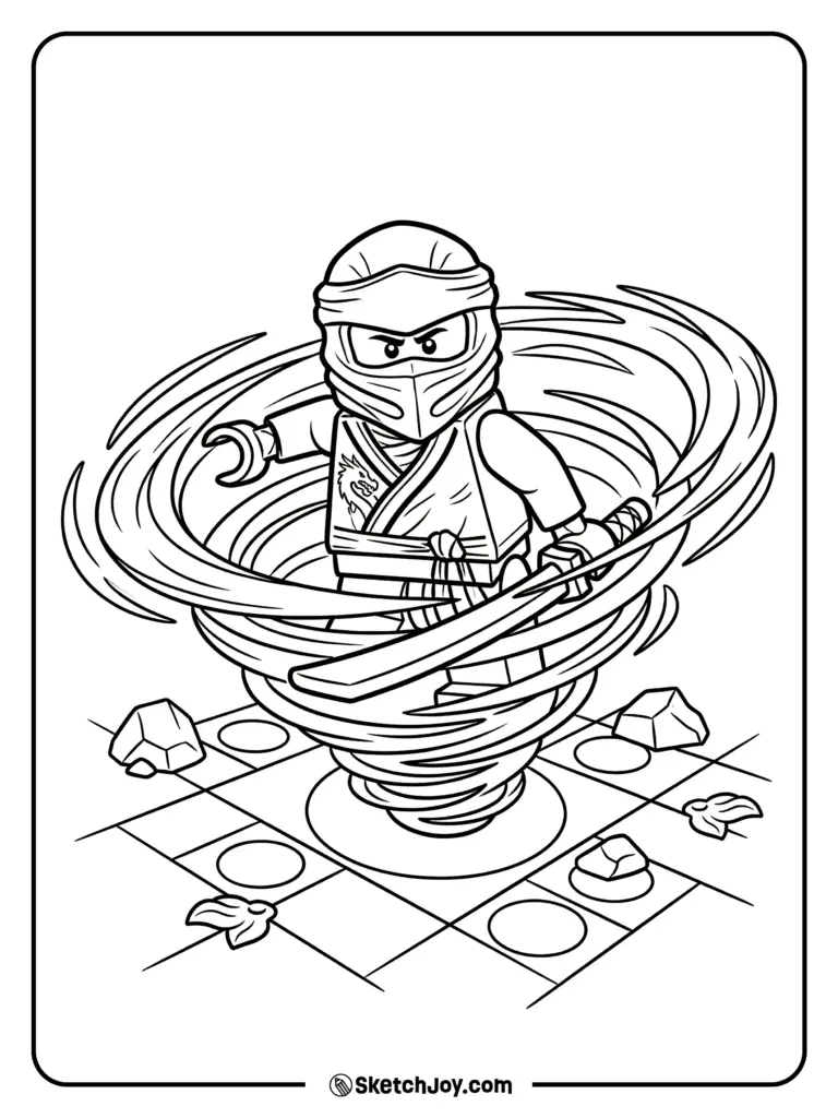Ninja figure surrounded by swirling energy lines, coloring page