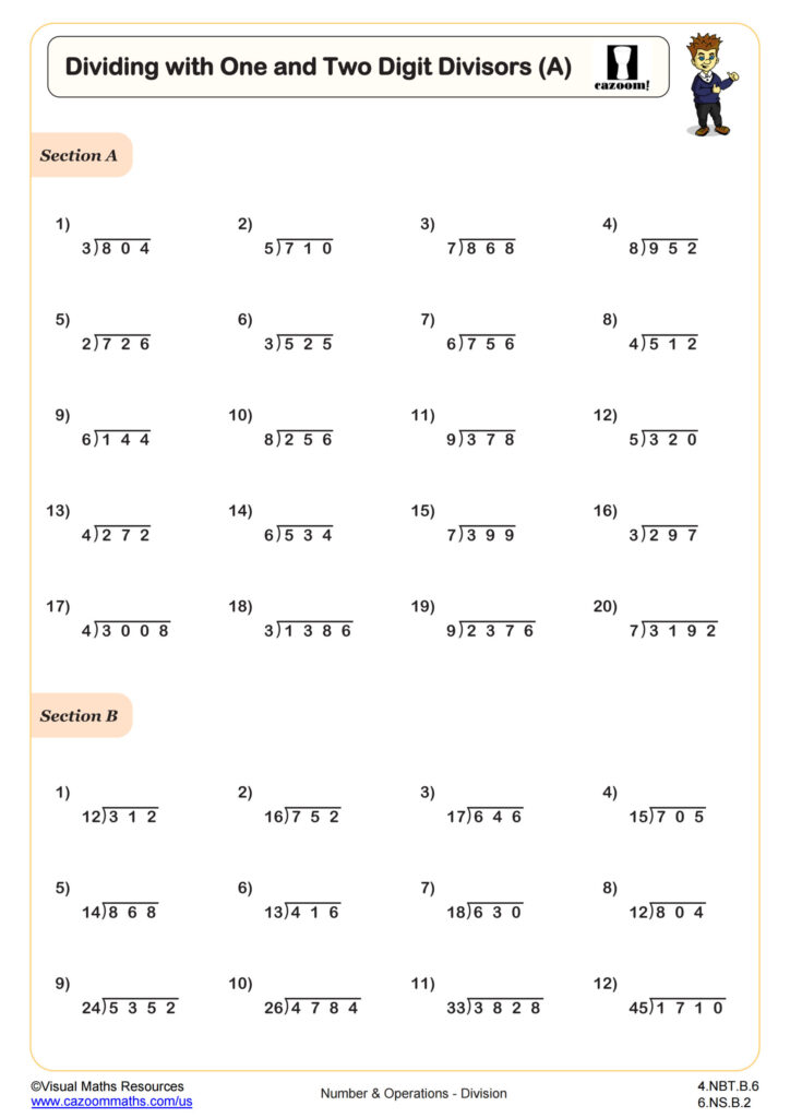 Division worksheet with numbered problems and sections A and B
