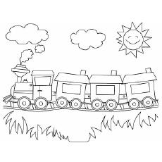 Black-and-white cartoon train with clouds, sun, and grass