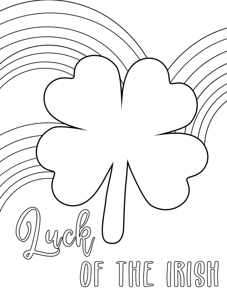 Clover outline with rainbow and Lucky of the Irish text