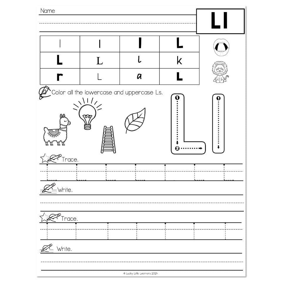 Letter L worksheet with tracing and pictures