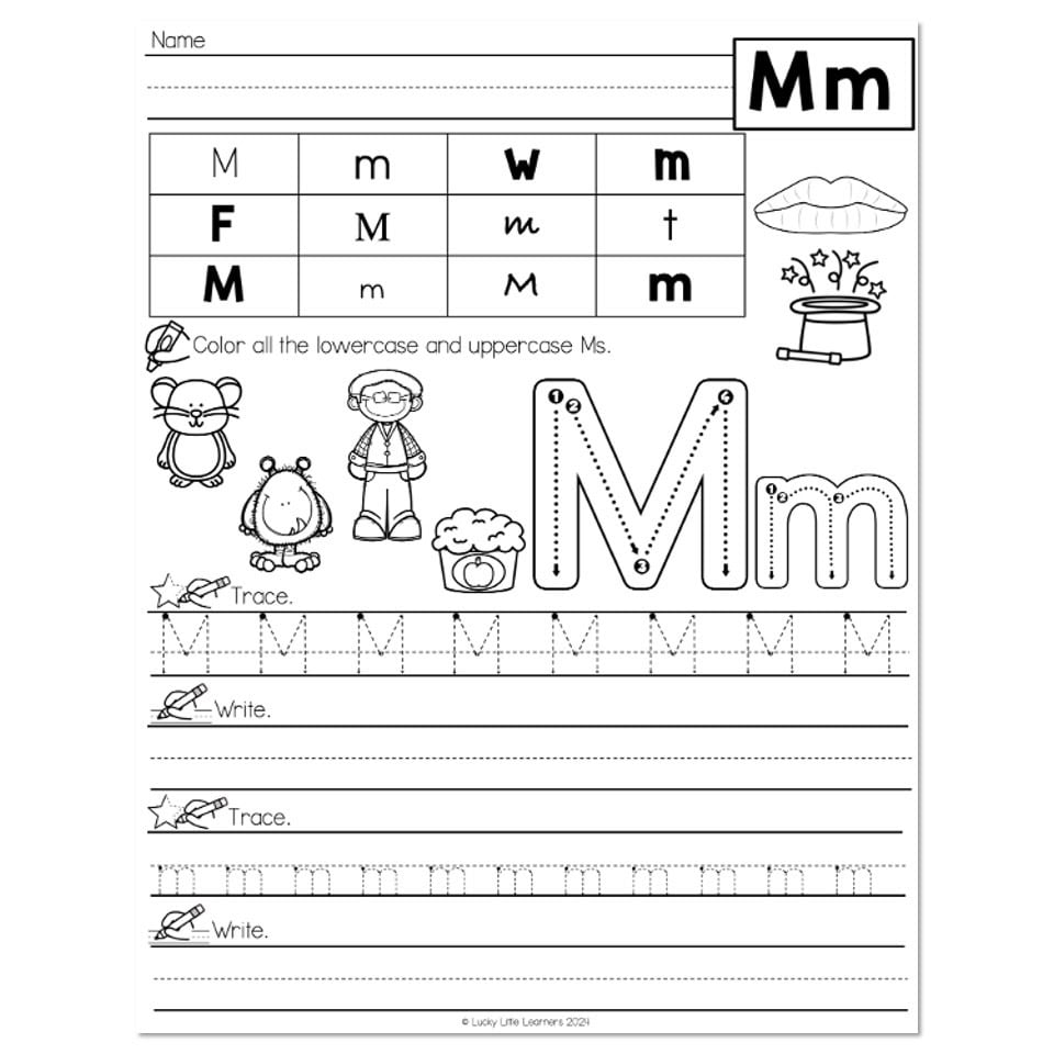 Alphabet worksheet for uppercase and lowercase Mm