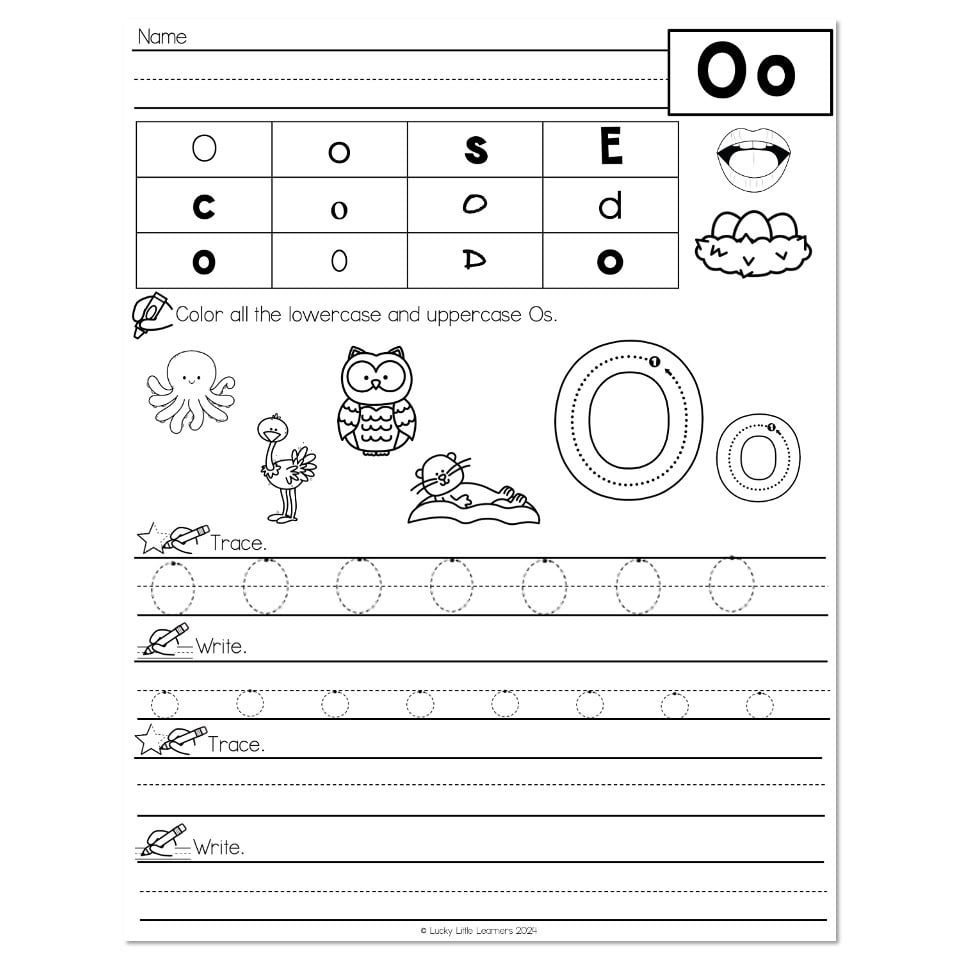 Letter O tracing and coloring worksheet with pictures