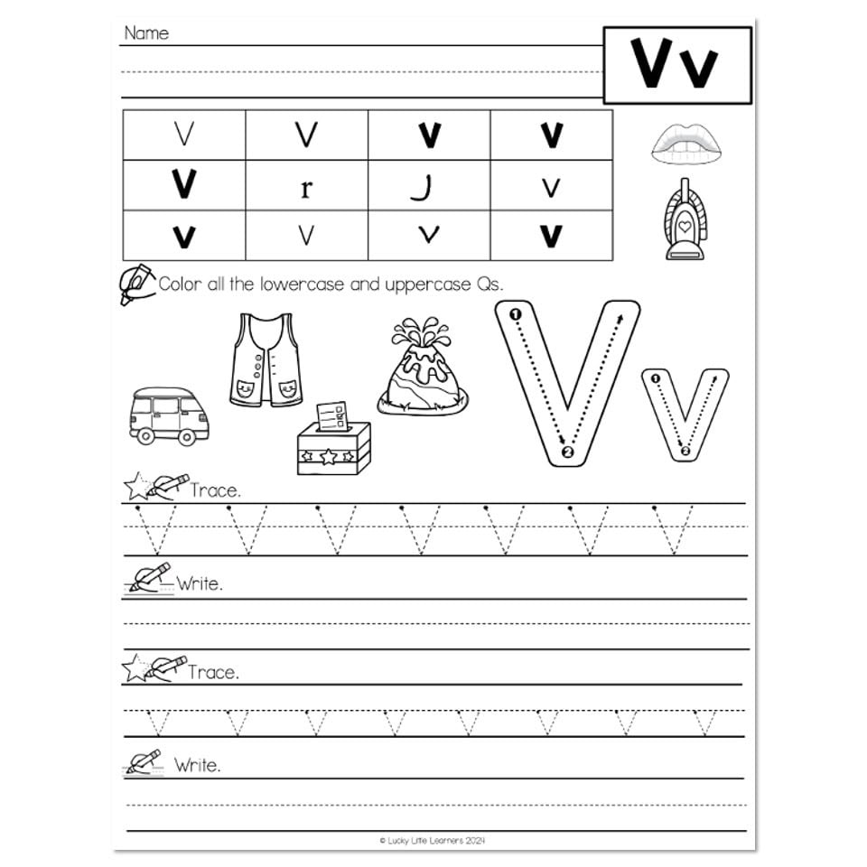 Letter V worksheet with tracing and pictures