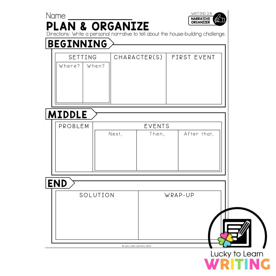 Blank narrative organizer worksheet with beginning, middle, end sections