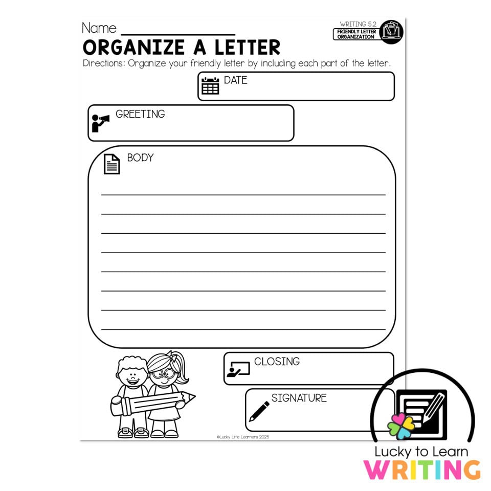 Friendly letter organization worksheet with labeled sections