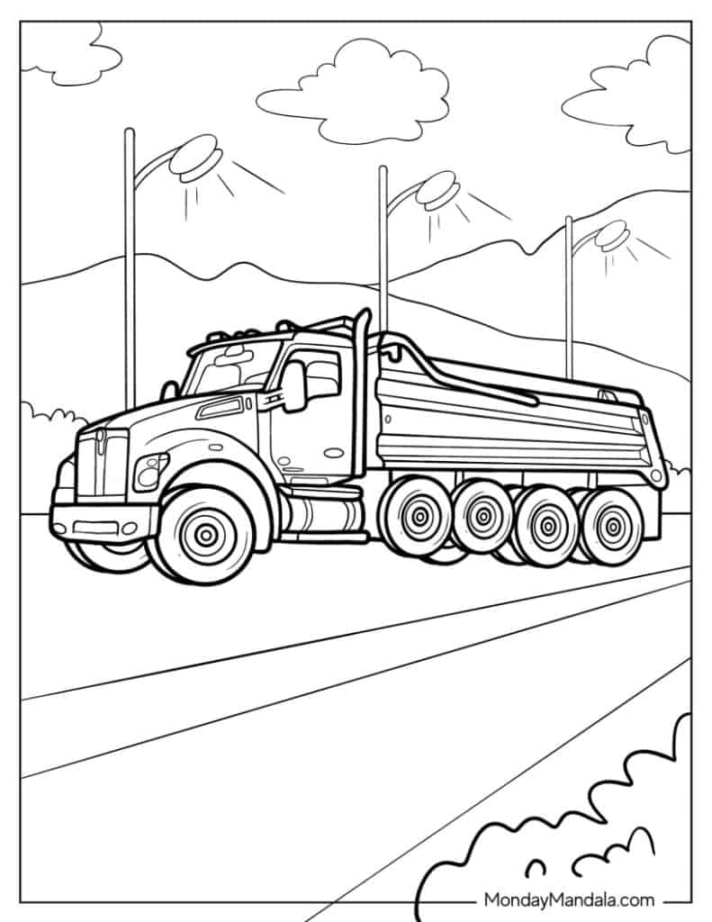 Dump truck on road with streetlights and clouds