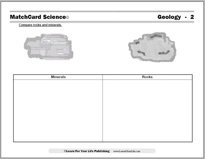 Geology worksheet comparing rocks and minerals with two images