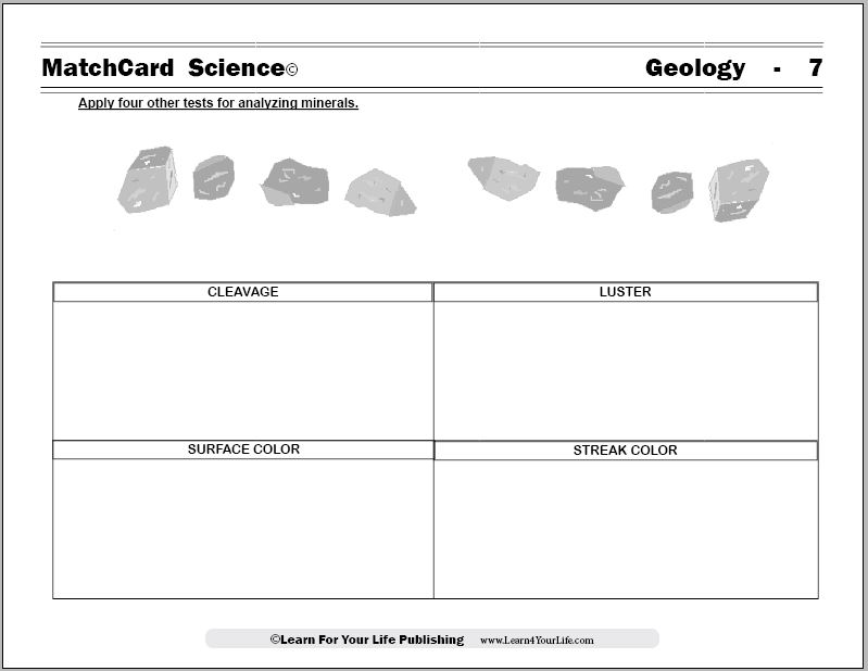Geology worksheet with mineral illustrations and blank chart