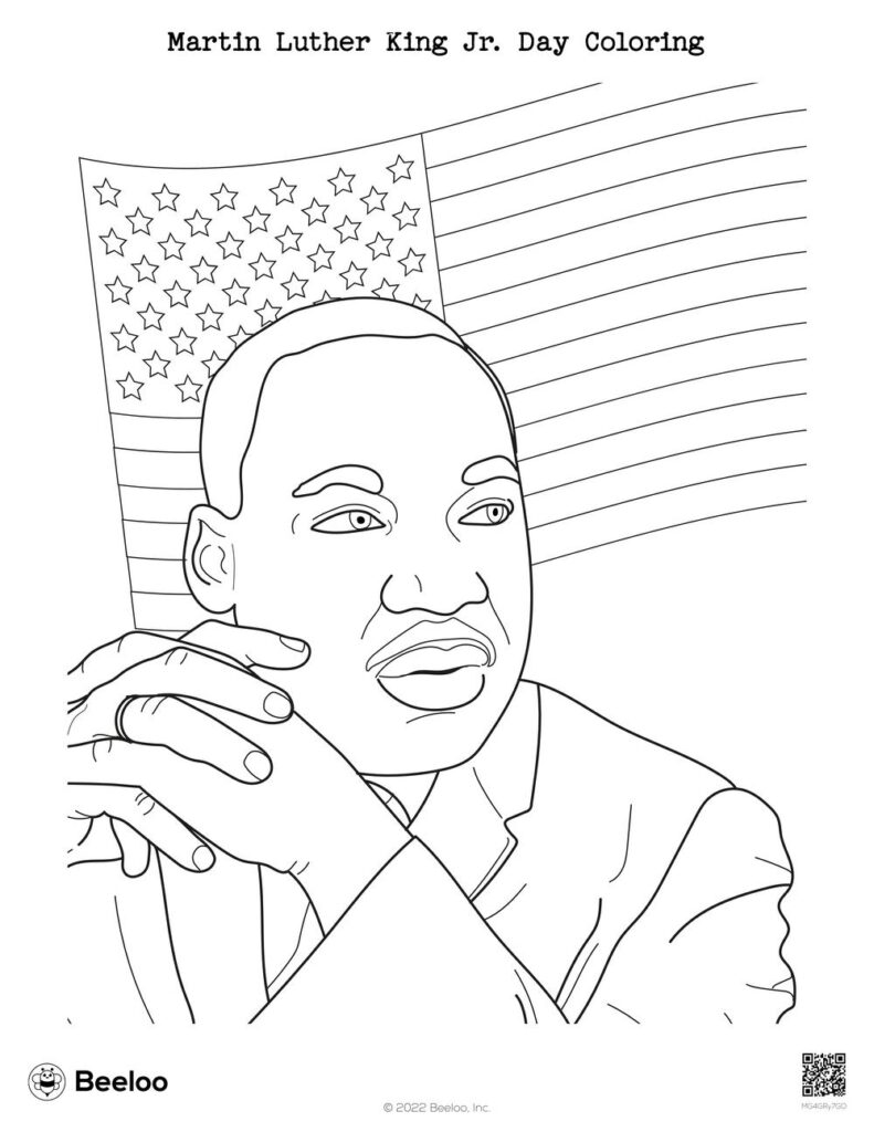 Martin Luther King Jr. coloring page portrait with flag background
