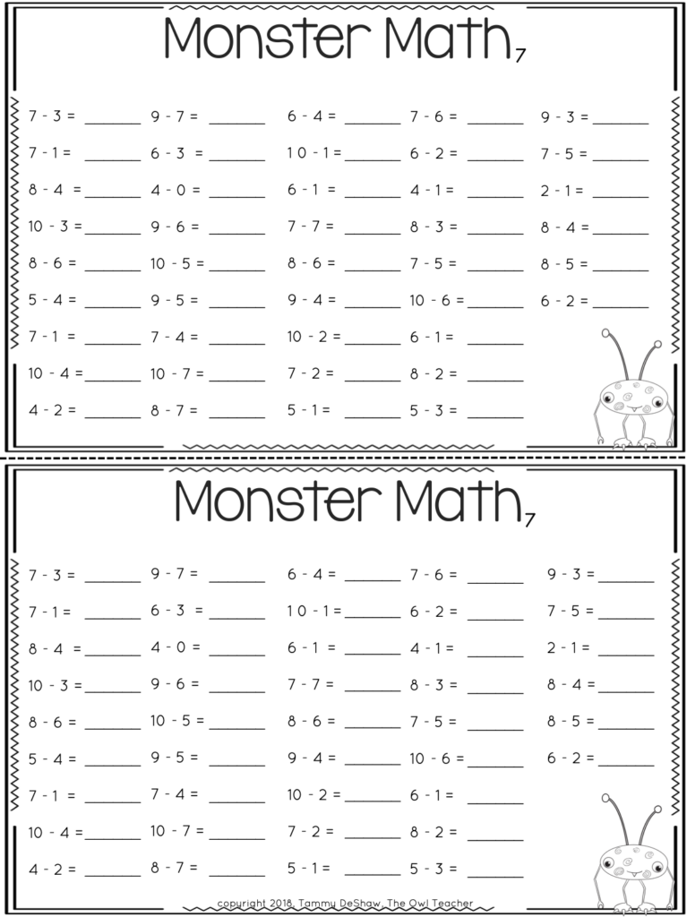 Two Monster Math subtraction worksheets stacked vertically