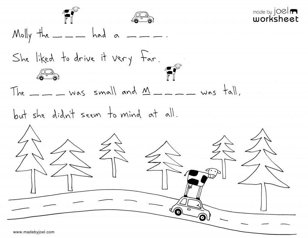 Handwriting worksheet with cow, car, and trees illustration