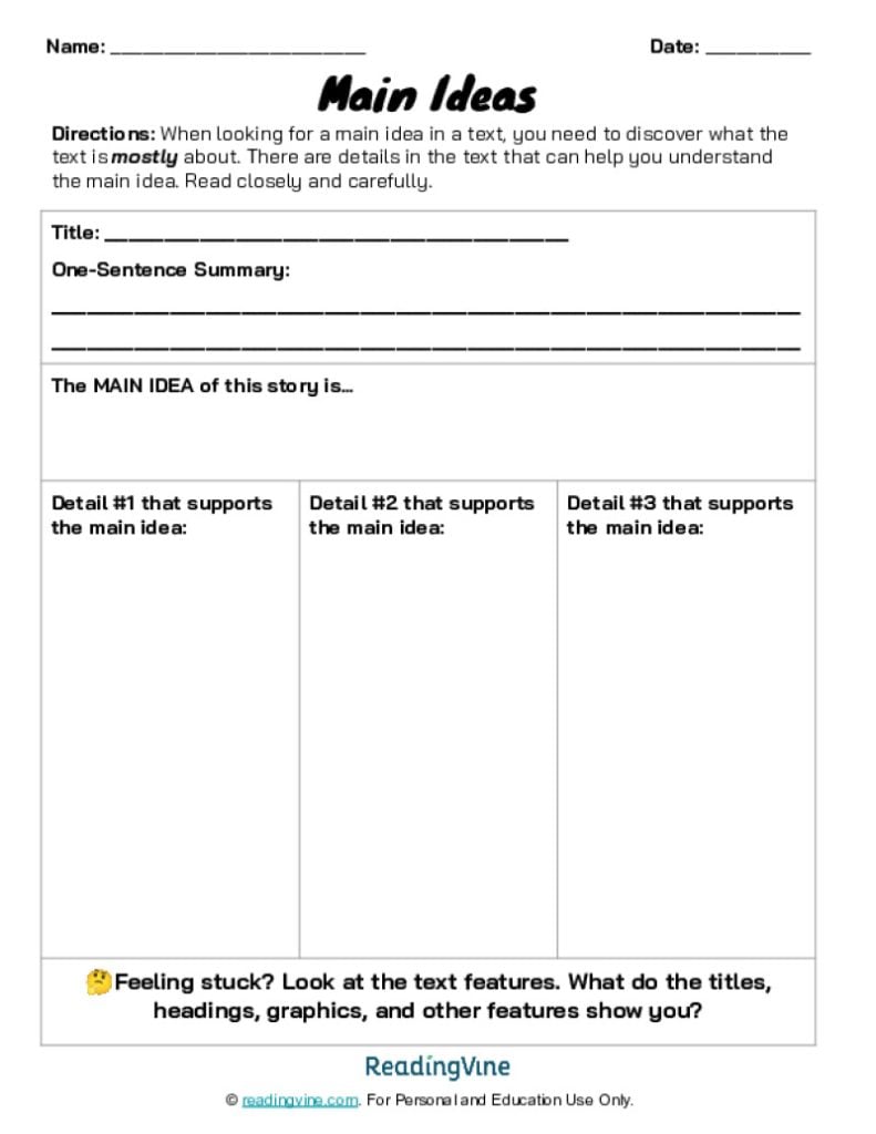 Main idea reading worksheet with blank summary boxes