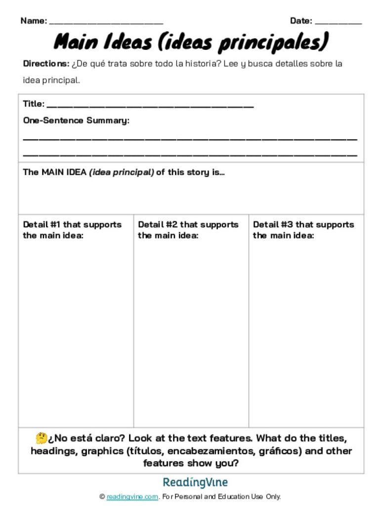 Printable worksheet titled Main Ideas with sections and three detail boxes