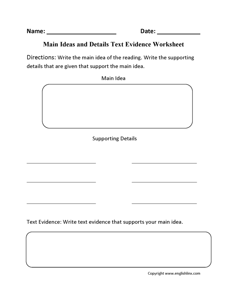 Main ideas and details worksheet with blank boxes