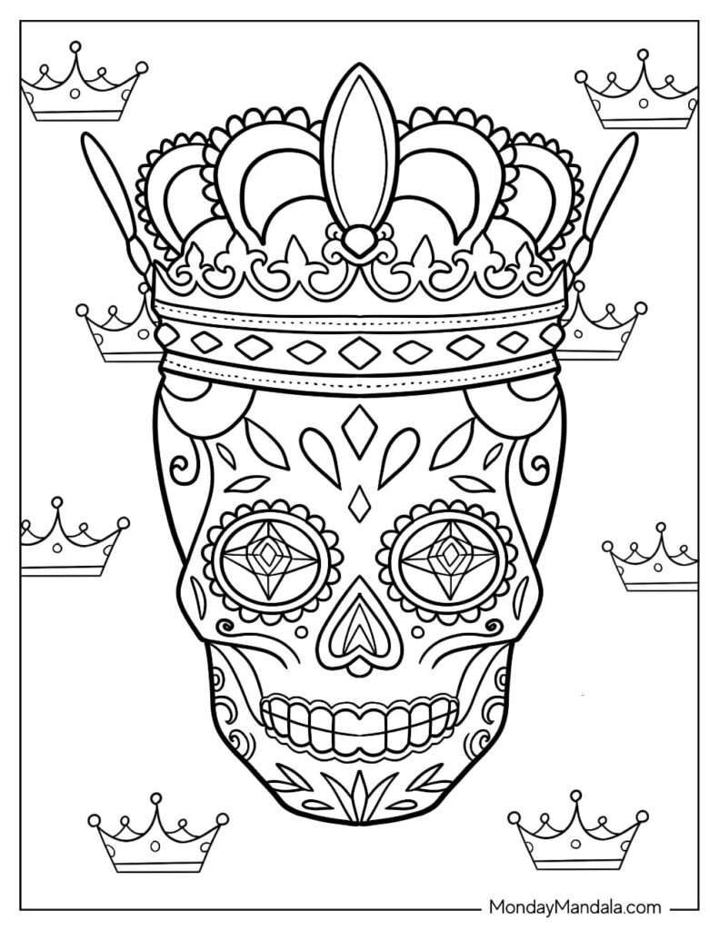 Ornate sugar skull wearing crown, framed by small crowns.