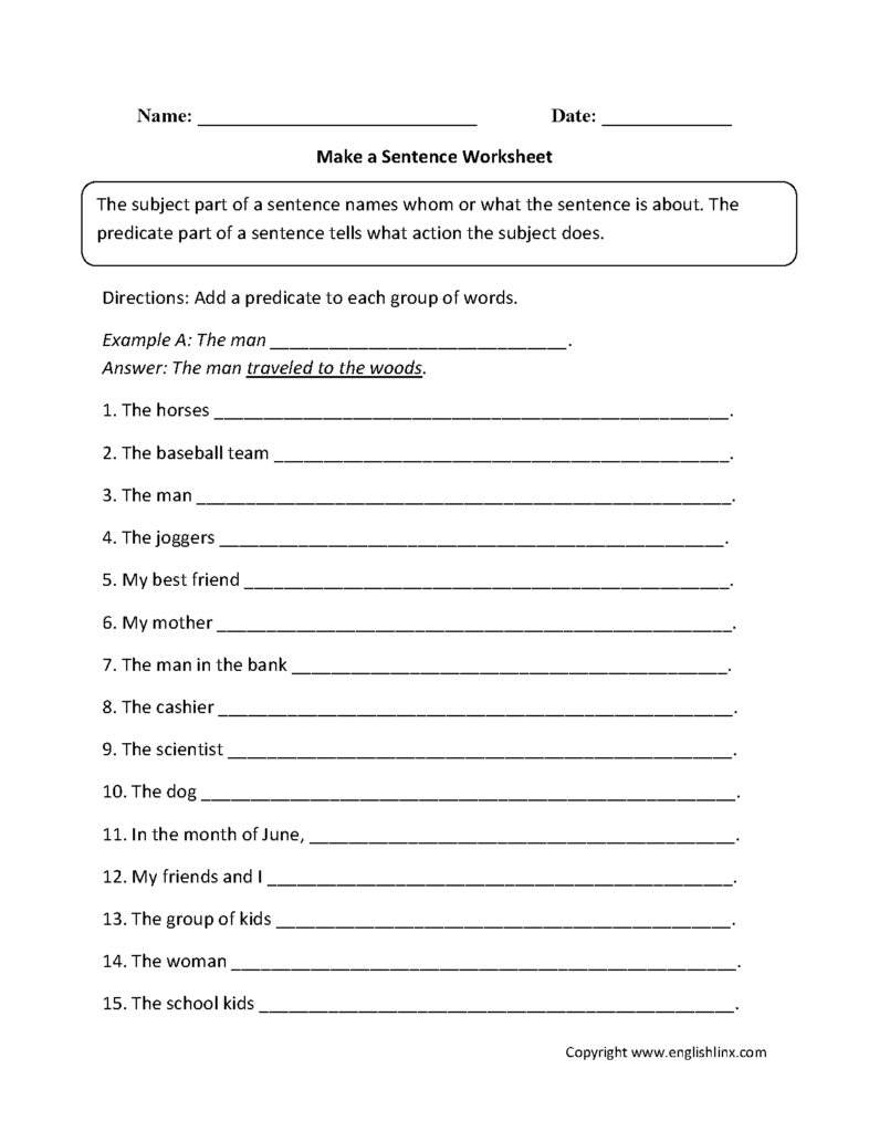 Sentence worksheet with fill-in-the-blank lines and instructions