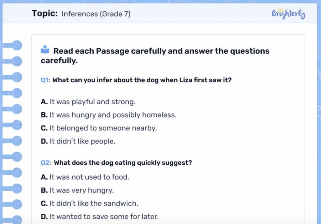 Grade 7 inference worksheet with dog questions and choices