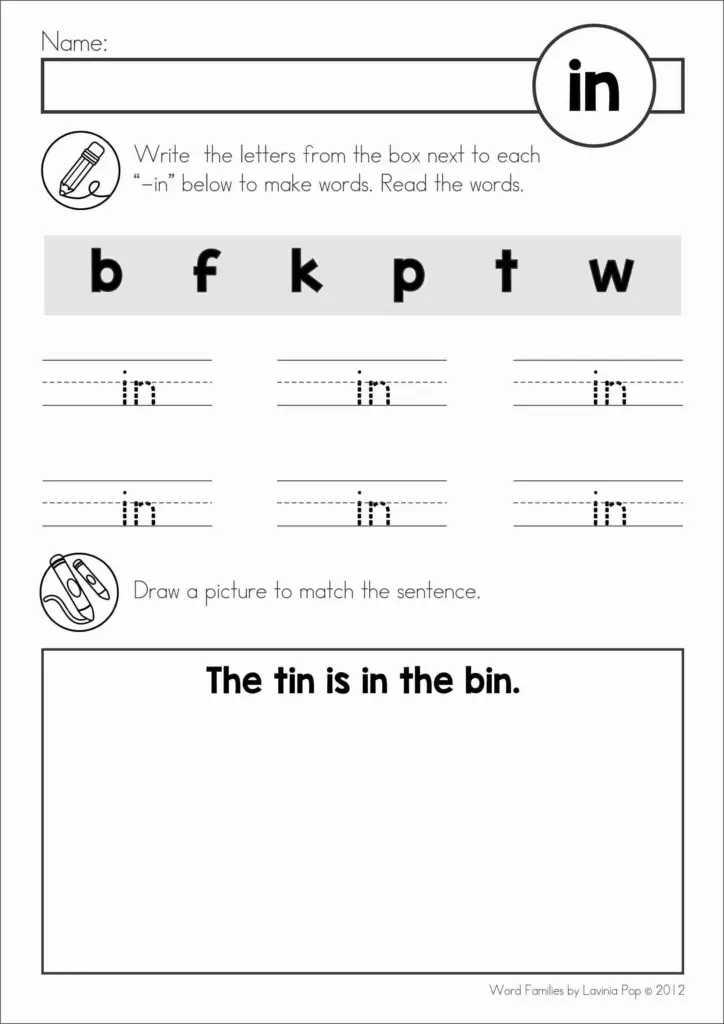 Phonics worksheet with “in” word family exercises