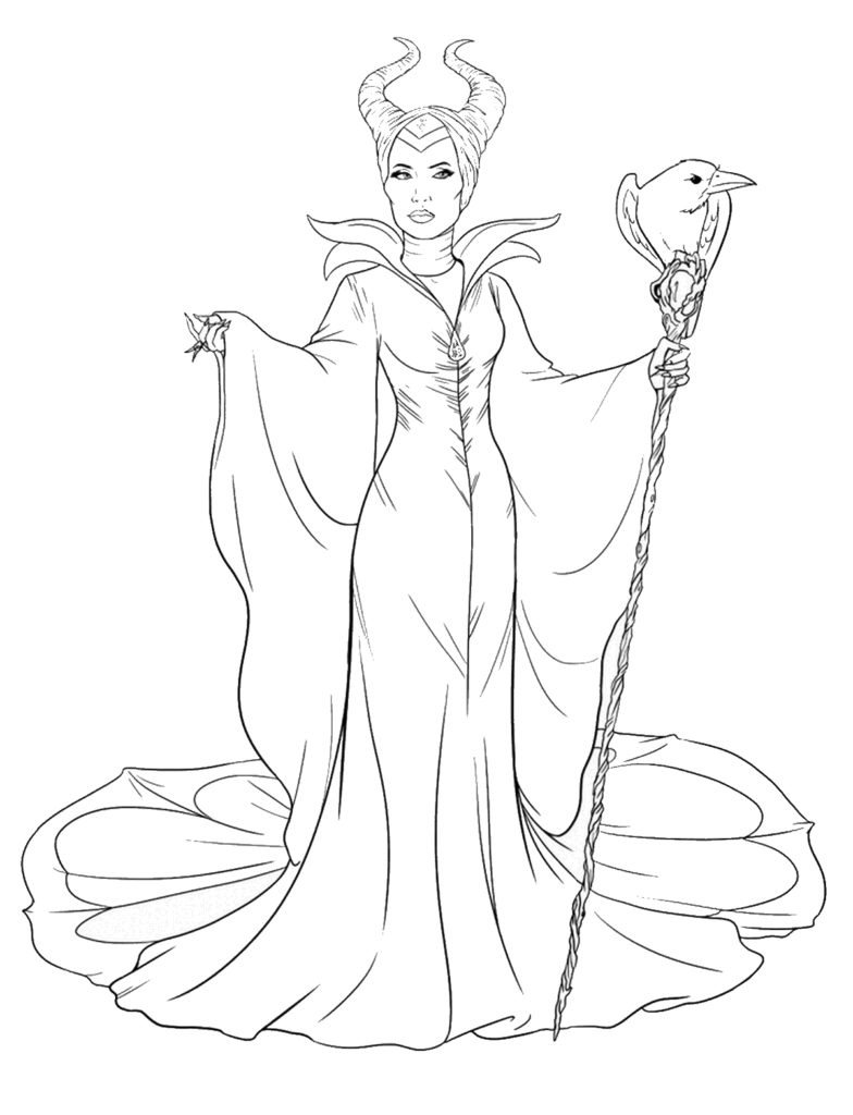 Line drawing of horned woman holding staff and bird