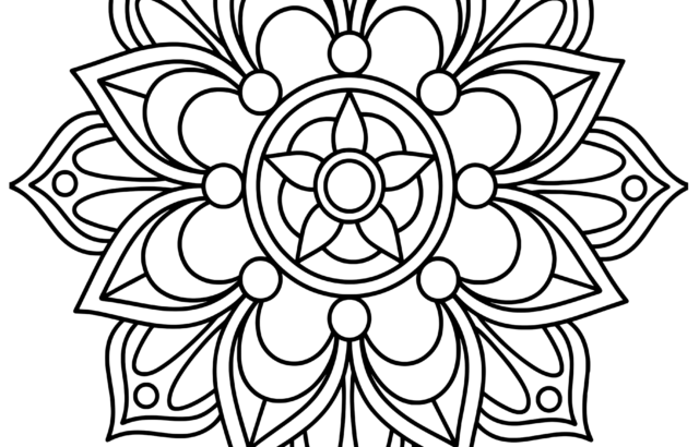Black-and-white symmetrical floral mandala line drawing, centered