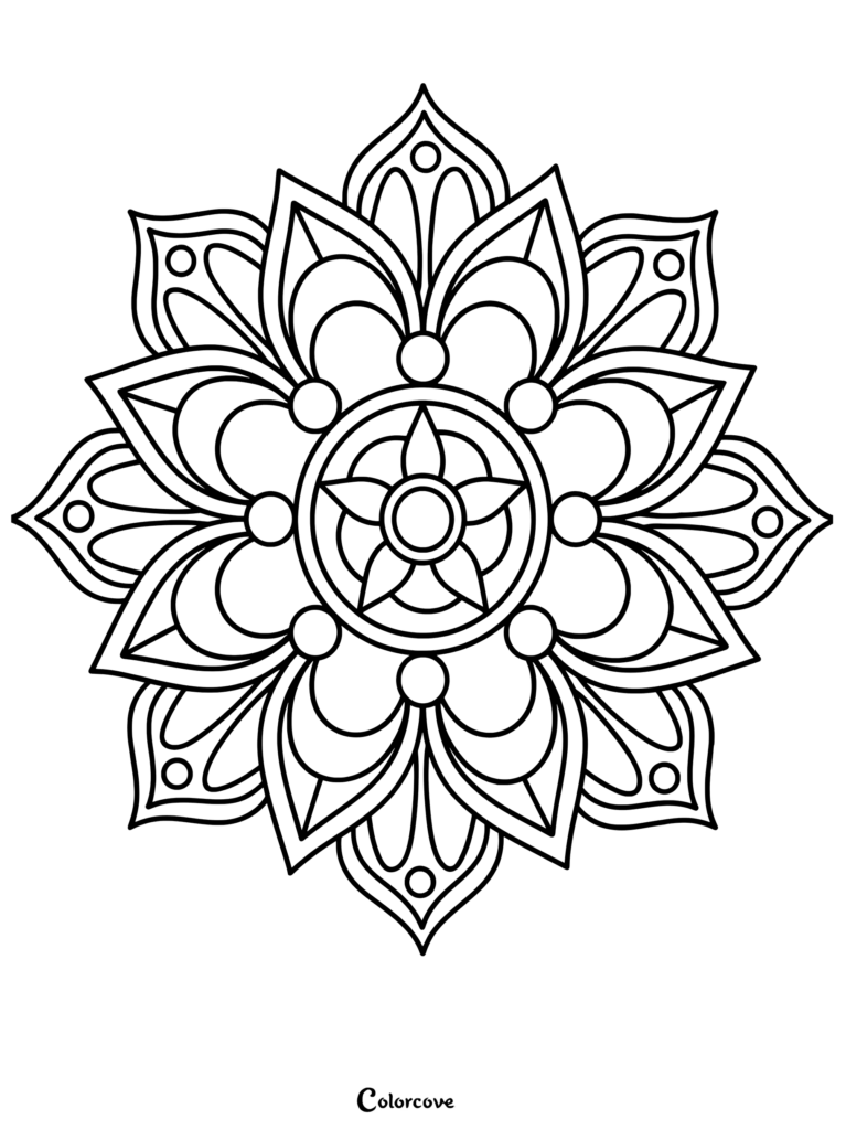 Black-and-white symmetrical floral mandala line drawing, centered