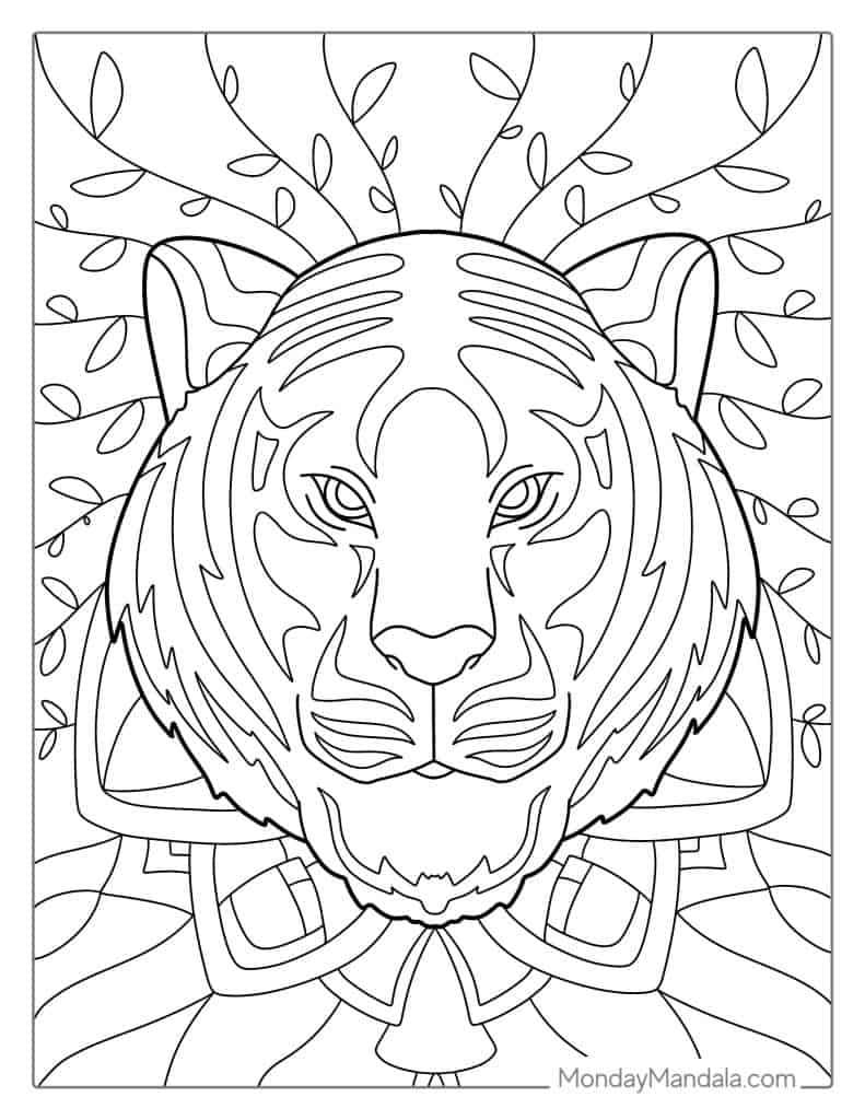 Line drawing of a tiger head with leafy background