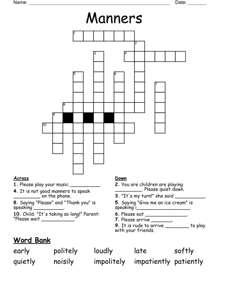 Manners crossword worksheet with word bank and clues
