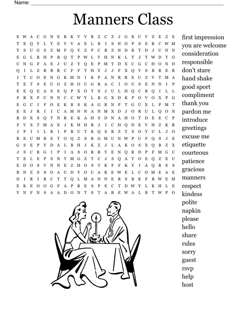 Manners class word search with dining illustration below