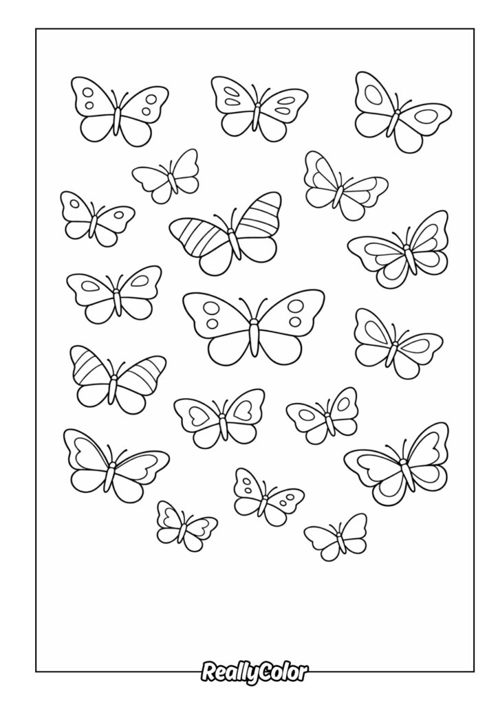 Black-and-white butterfly coloring page with many butterflies