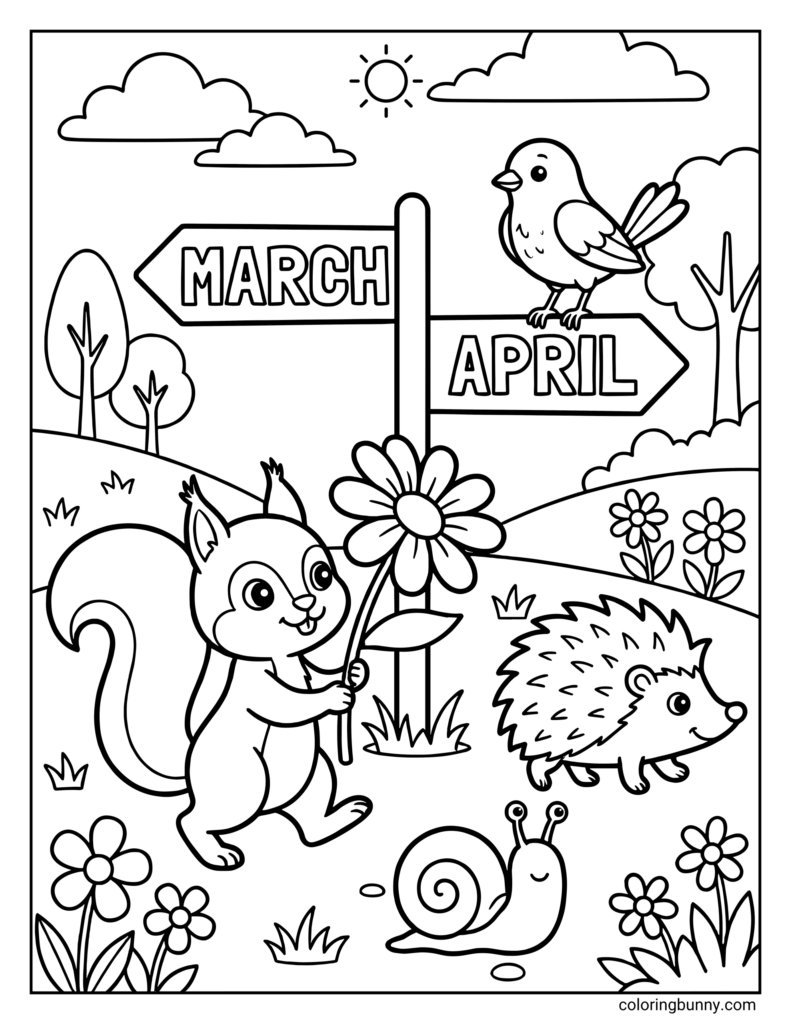 Black-and-white spring coloring page with animals and month signs