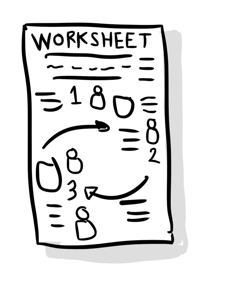 Hand-drawn worksheet page with numbers and arrows